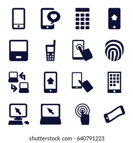 Touch icons set. set of 16 touch filled icons such as pointer on display, finger on display, phone with heart, phone, touchscreen, laptop, intercom