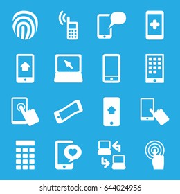 Touch icons set. set of 16 touch filled icons such as finger on display, phone with heart, phone, touchscreen, laptop, home on phone display, intercom, laptop connection