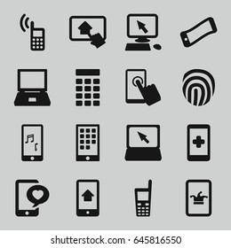 Touch icons set. set of 16 touch filled icons such as poker on phone, pointer on display, phone with heart, laptop, old phone, home on tablet, intercom, fingerprint