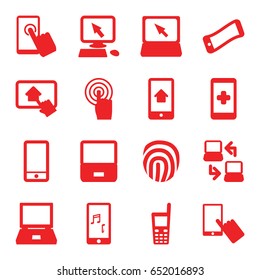 Touch icons set. set of 16 touch filled icons such as pointer on display, finger on display, phone, touchscreen, laptop, old phone, mobile phone music, home on tablet