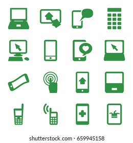 Touch icons set. set of 16 touch filled icons such as poker on phone, pointer on display, phone with heart, phone, touchscreen, laptop