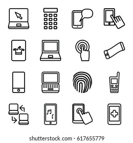 Touch icons set. set of 16 touch outline icons such as Poker on phone, finger on display, phone, touchscreen, laptop, old phone, intercom, laptop connection
