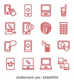 Touch icons set. set of 16 touch outline icons such as poker on phone, pointer on display, finger on display, phone with heart, laptop, old phone, home on tablet, intercom