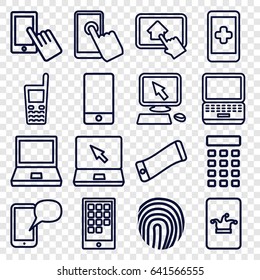 Touch icons set. set of 16 touch outline icons such as poker on phone, pointer on display, finger on display, phone, laptop, old phone, intercom, fingerprint