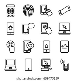 Touch icons set. set of 16 touch outline icons such as poker on phone, pointer on display, finger on display, phone with heart, touchscreen, laptop, intercom