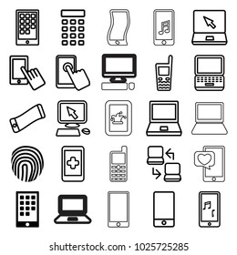 Touch icons. set of 25 editable outline touch icons such as calendar on phone, pointer on display, finger on display, laptop, hand on smartphone, wavy phone, touchscreen