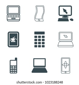 Touch icons. set of 9 editable filled and outline touch icons such as pointer on display, intercom, laptop, poker on phone, hand on smartphone, wavy phone