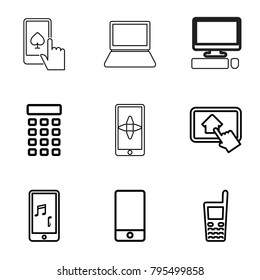 Touch icons. set of 9 editable outline touch icons such as phone, old phone, mobile phone music, home on tablet, intercom, pointer on display