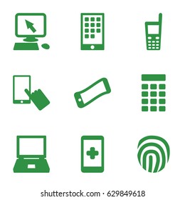 Touch icons set. set of 9 touch filled icons such as pointer on display, finger on display, old phone, intercom, calendar on phone, fingerprint