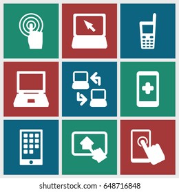 Touch icons set. set of 9 touch filled icons such as touchscreen, laptop, old phone, home on tablet, calendar on phone, laptop connection