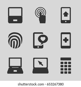 Touch icons set. set of 9 touch filled icons such as phone with heart, touchscreen, laptop, home on phone display, intercom, fingerprint