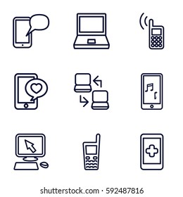 touch icons set. Set of 9 touch outline icons such as pointer on display, phone with heart, old phone, mobile phone music, laptop connection
