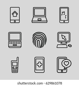 Touch icons set. set of 9 touch outline icons such as pointer on display, phone with heart, old phone, mobile phone music, fingerprint