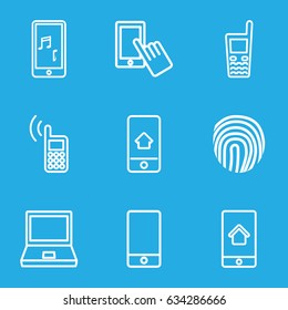 Touch icons set. set of 9 touch outline icons such as finger on display, phone, old phone, fingerprint