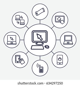 Touch icons set. set of 9 touch outline icons such as pointer on display, finger on display, laptop, home on phone display, home on tablet