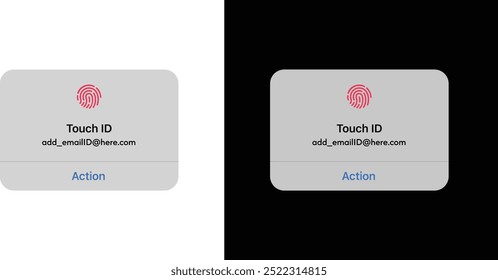 
Caixa de prompt escuro e claro da IU do Touch ID no ícone de vetor do dispositivo móvel. Ilustração vetorial. 