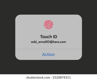 Touch ID dark UI prompt box on mobile device vector icon. Vector illustration. iPhone, ipad, ios and Macintosh