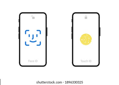 Touch id and face id icon on mobile devices. Vector illustration. Face scanning process. Facial detection symbols. Face recognition. Biometric verification, new face recognition technology