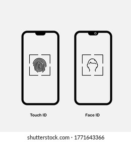 Touch id y face id en el icono vectorial del dispositivo móvil