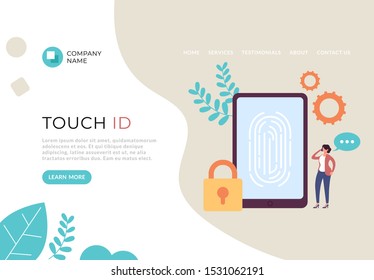 Touch id fingerprint personal data protection banner poster web page concept. Vector flat cartoon graphic design illustration