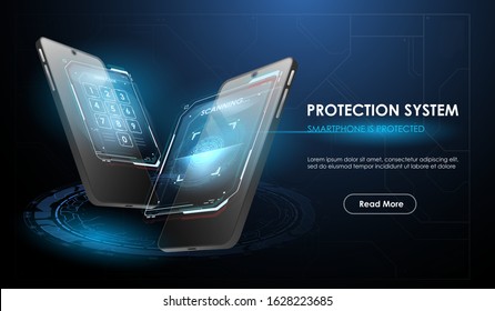 Touch id on mobile device. Scanning fingerprint illustration with Futuristic HUD elements. Smartphone identifies human and verification access right to confidential data.