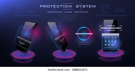 Touch ID on a mobile device. Protection and secure login from your device. The screen scans your fingerprint. Mobile phone with fingerprint scanner in three dimensions