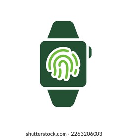 Tecnología Touch ID en el icono de silueta de color Smartwatch. Smart Watch con Pictograma de glifo de identificación biométrica de huellas digitales. Reloj con icono de pantalla táctil de seguridad. Ilustración de vectores aislados.