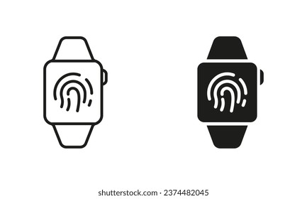 Tecnología Touch ID en la línea Smartwatch y conjunto de iconos de silueta. Pictograma de identificación biométrica. Smart Watch con huellas digitales. Colección de símbolos de pantalla táctil de seguridad. Ilustración de vectores aislados.