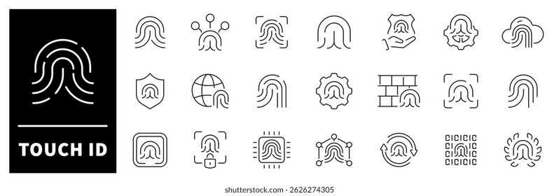 Touch ID vector icons. Finger print icons. Biometric id, unique scan, line signature, identity, Fingerprint, touch ID related icon set. Thin line icons, Editable stroke