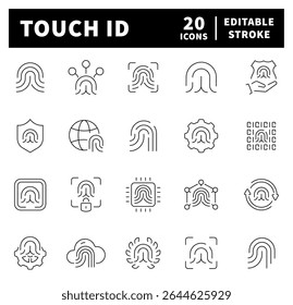Touch ID vector icons. Finger print icons. Biometric id, unique scan, line signature, identity, Fingerprint, touch ID related icon set. Thin line icons, Editable stroke