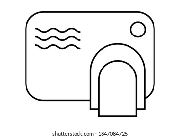 Touch less hand dryer. Wash hands safety concept. Automatic machine with sensor. Wall mounted hand dryer. Outline icon. Editable stroke. Thin line. Vector illustration isolated on white background