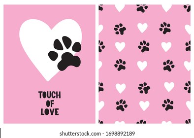 Touch of Love. Cute Hand Drawn  Illustration and Vector Pattern for Dog Lovers. Big White Heart with Black Dog Paw Print Isolated on a Light Pink Background.Print with White Hearts and Black Dog Paws.