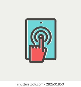 Touch mark in mobile phone icon thin line for web and mobile, modern minimalistic flat design. Vector icon with dark grey outline and offset colour on light grey background.