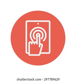 Touch mark in mobile phone thin line icon for web and mobile minimalistic flat design. Vector white icon inside the red circle.