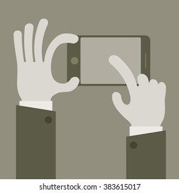 Touch mobile screen in hand concept in grey, vector illustration