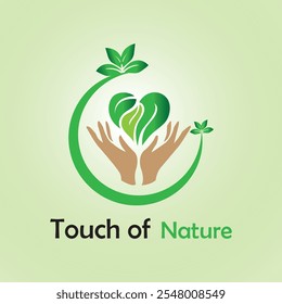 "Touch of Nature: Green Eco-Friendly Logo with Hands and Leaves"