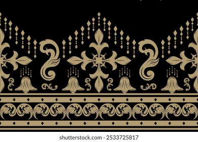 Touch of Opulence and Sophistication Royal Black Gold Ornament Embroidery Seamless Pattern Vector. Fleur de lis Lilly and Geometric Art Design. 