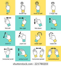 Touch pad hand gestures icons flat line set isolated vector illustration