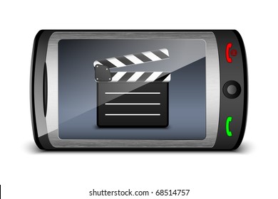Touch phone with clap board on the screen. Vector