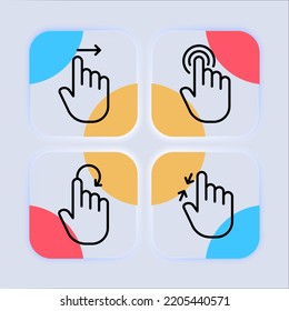 Touch press set icon. Index finger, decrease, increase, approximation, Scrolling, click, arrow, sensor, turn, slider, touch screen. Zoom in concept. Neomorphism style. Vector line icon for Business