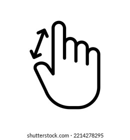 Touch press set icon. Index finger, decrease, increase, approximation, Scrolling, click, arrow, sensor, turn. Zoom in concept. White background. Vector line icon for Business