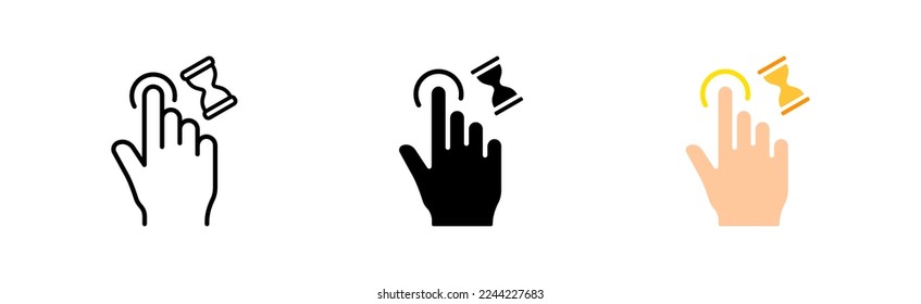 Touch press set icon. Index finger, decrease, increase, approximation, Scrolling, click, arrow, sensor, hourglass. Pressing concept. Vector icon in line, black and colorful style on white background