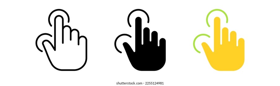 Touch press set icon. Index finger, decrease, increase, approximation, Scrolling, click, arrow, sensor. Pressing concept. Vector icon in line, black and colorful style on white background