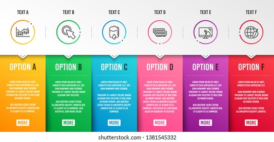 Touch screen, Click here and Drop counter icons simple set. Ram, Financial diagram and Environment day signs. Web support, Push button. Science set. Infographic template. 6 steps timeline. Vector