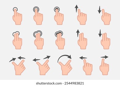 Ícone de cor da tela sensível ao toque. Conjunto de símbolos de deslizamento de seta. Clique em assinar. Pictograma de gestos de mão humana. Ilustração de navegação de tablet.