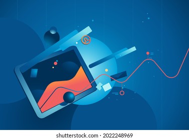 Touch screen device flying in space amidst different geometric shapes