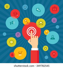 Touch screen finger - creative vector illustration in flat style design. Human hand on surface display. Icons set. SEO - search engine optimization.