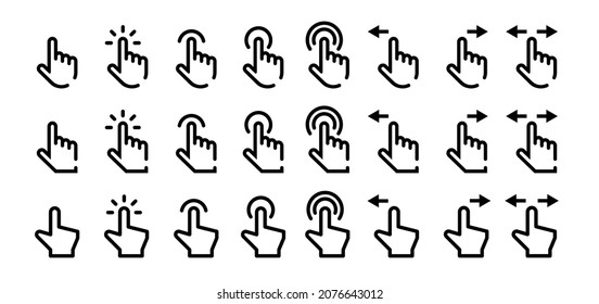 Pantalla táctil, punto de dedo, puntero de mano o ratón de ordenador clic icono y logotipo vectorial ilustración para el negocio del diseño gráfico. Pantalla de Smartphone, tecnología de aplicaciones móviles desliza señal plana y símbolo.