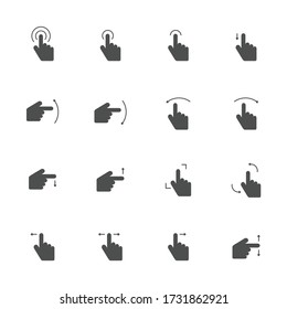 Iconos planos de pantalla táctil en gris. Conjunto de 16 piezas.