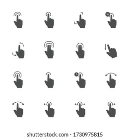 Touch screen gesture flat icons in gray. Set of 16 pieces.